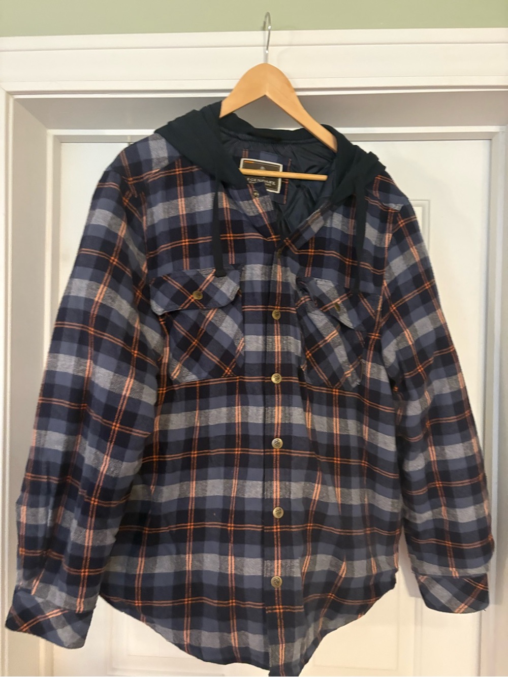 Men’s Plaid Hooded Button-Snap Jacket - Navy, Orange & Gray